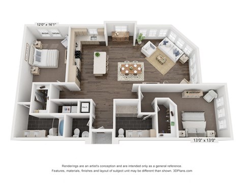 Floor plan for 2 beds, 2.5 baths, 1588 sqft